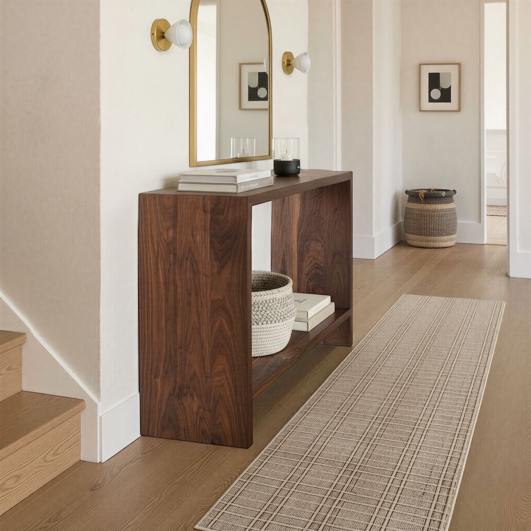 Modern Waterfall Console Table With Lower Shelf Pictured In Walnut Clear