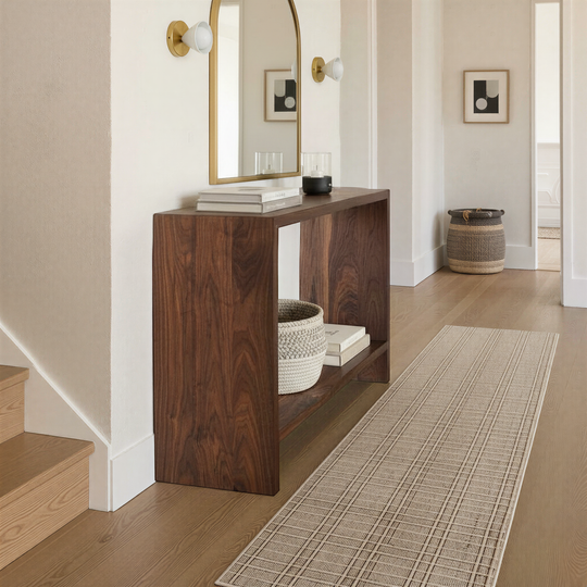 Modern Waterfall Console Table With Lower Shelf Pictured In Walnut Clear