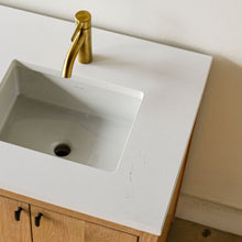 Quartz Offset Bathroom Vanity Top / Single Sink. Pictured in Soft White with Faint Veins.