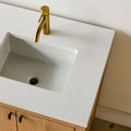 Quartz Offset Bathroom Vanity Top / Single Sink. Pictured in Soft White with Faint Veins.