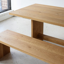 White Oak Modern Timber Frame Dining Table Pictured In White Oak Clear.  Featured with out <a href="https://wwmake.com/products/reclaimed-plank-bench-tapered-wood-legs?variant=39425272971399"> Tapered Leg Wood Bench</a>