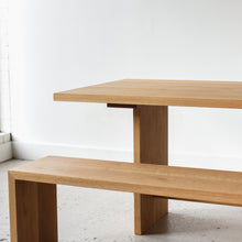 White Oak Modern Timber Frame Dining Table Pictured In White Oak Clear.  Featured with out <a href="https://wwmake.com/products/reclaimed-plank-bench-tapered-wood-legs?variant=39425272971399"> Tapered Leg Wood Bench</a>