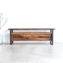 Industrial media console with solid wood and metal legs, Pictured in Reclaimed Oak / Textured &amp; Blackened Metal