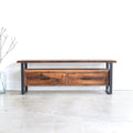 Industrial media console with solid wood and metal legs, Pictured in Reclaimed Oak / Textured &amp; Blackened Metal