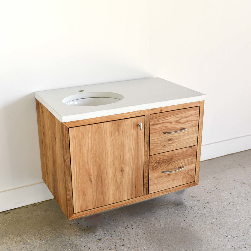 36&quot; Wood Floating Vanity / Offset Single Sink in Reclaimed Oak / Clear Featured with our &lt;a href=&quot;https://wwmake.com/products/concrete-floating-vanity-top-oval-sink-right-side&quot;&gt; Concrete Floating Vanity Top / Oval Undermount Sink &lt;/a&gt; in White