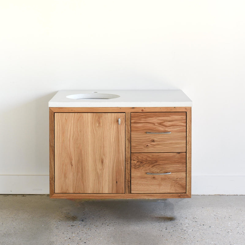36&quot; Wood Floating Vanity / Offset Single Sink in Reclaimed Oak / Clear Featured with our &lt;a href=&quot;https://wwmake.com/products/concrete-floating-vanity-top-oval-sink-right-side&quot;&gt; Concrete Floating Vanity Top / Oval Undermount Sink &lt;/a&gt; in White