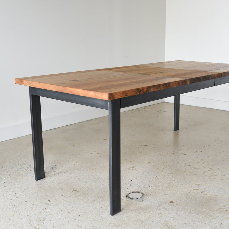 Industrial Plank Extendable Dining Table in Reclaimed Oak / Blackened Metal Base - Leaf inserted 