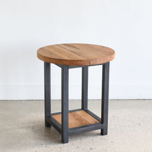 Round wood end table in Reclaimed Oak / Clear &amp; Blackened Metal Legs