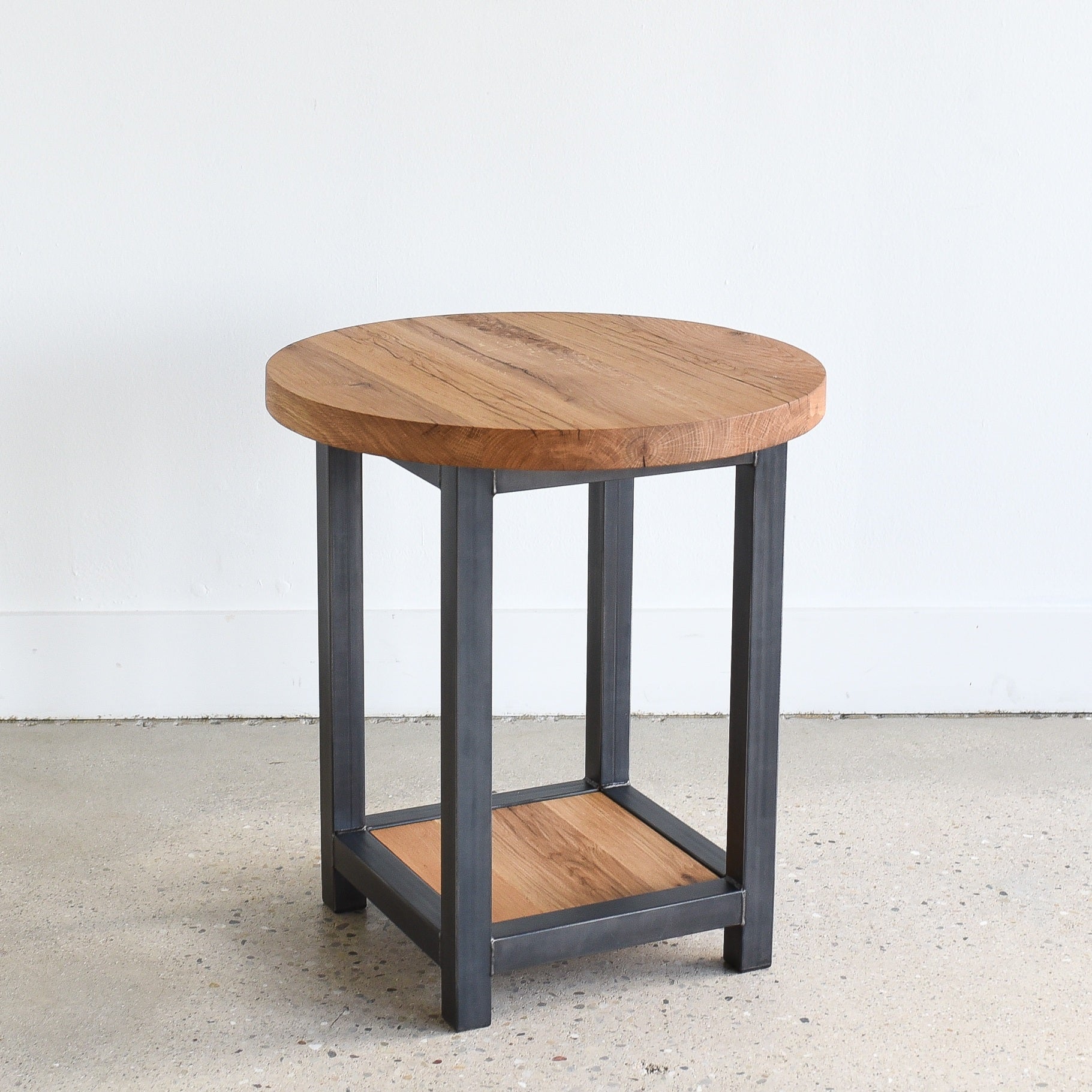 Round Wood End Table with Lower Square Shelf
