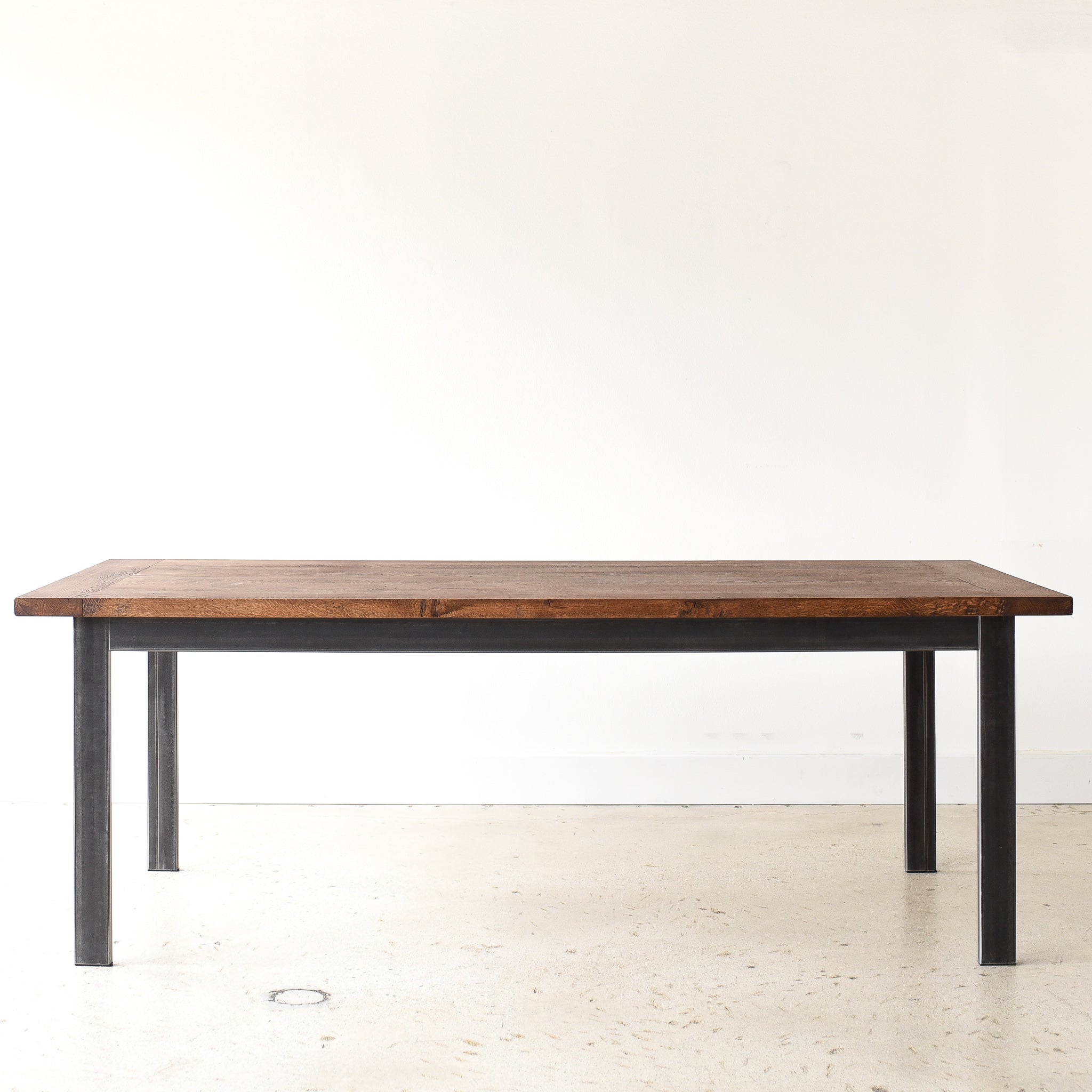 Steel Frame Dining Table in Reclaimed Oak / Walnut and Blackened Metal Legs 