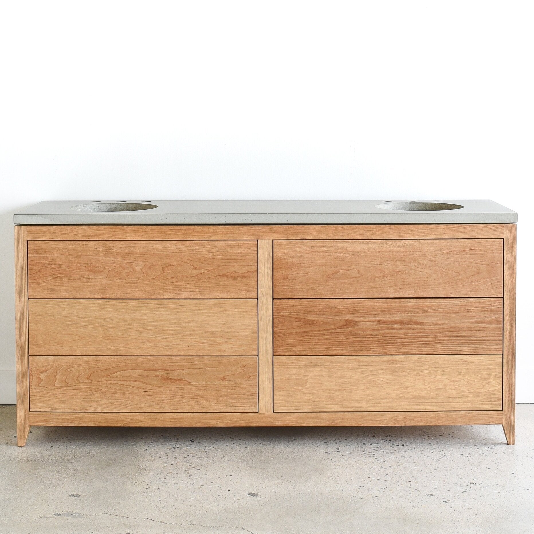 Mid Century Modern 6-Drawer Vanity / Double Sink in Solid White Oak / Clear - Featured with our <a href=