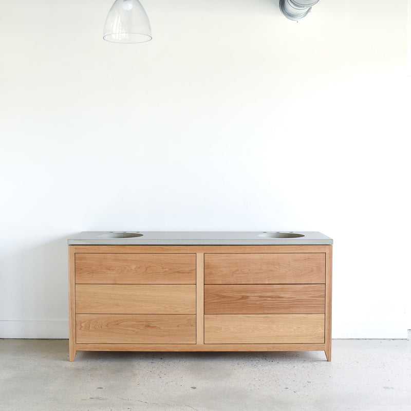 Mid Century Modern 6-Drawer Vanity / Double Sink in Solid White Oak / Clear - Featured with our &lt;a href=&quot;https://wwmake.com/products/concrete-vanity-top-double-oval-undermount-sink&quot;&gt; Concrete Vanity Top / Double Oval Undermount Sinks &lt;/a&gt; in Natural Gray