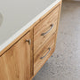 36&quot; Wood Floating Vanity / Offset Single Sink in Reclaimed Oak / Clear and our Modern Handle / Nickel Hardware