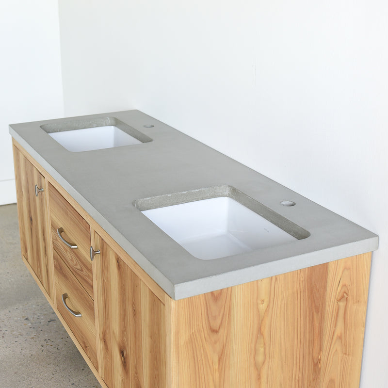 60&quot; Floating Wood Vanity / Double Sink in Ash / Clear Featured with our &lt;a href=&quot;https://wwmake.com/products/concrete-vanity-top-double-rectangle-undermount-sinks&quot;&gt; Concrete Vanity Top / Double Rectangle Undermount Sinks &lt;/a&gt; in Natural Gray, Pictured in Ash / Clear 