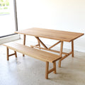 Modern Butterfly Trestle Dining Table Featured with our &lt;a href=&quot;/products/modern-trestle-bench-white-oak&quot;&gt; Modern Trestle Bench&lt;/a&gt; in White Oak / Clear 