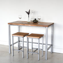Counter Height Wood Kitchen Table Featured with our &lt;a href=&quot;/products/rustic-reclaimed-oak-backless-bar-stools&quot;&gt;Rustic Backless Bar Stools&lt;/a&gt; in Reclaimed Oak / Clear
