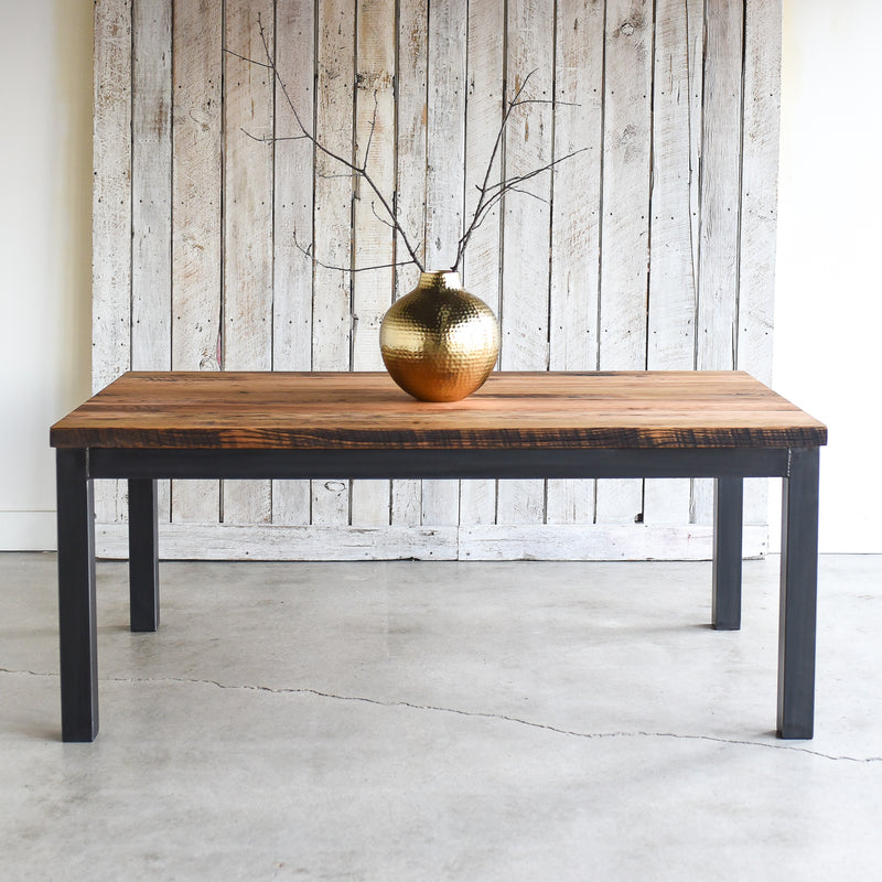 Wide Steel Frame Dining Table Handcrafted with Reclaimed Oak / Clear Finish and Blackened Steel Apron and Legs