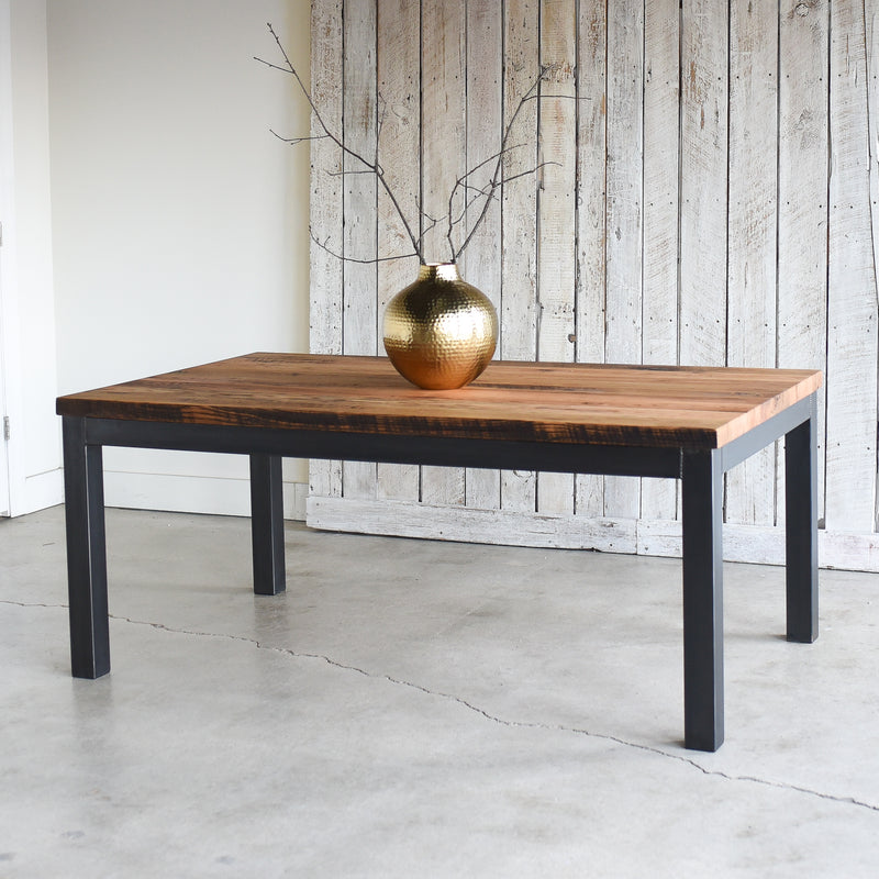 Wide Steel Frame Dining Table. Pictured in Reclaimed Oak / Clear &amp; Blackened Metal Legs