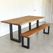 Industrial Live Edge Dining Table Featured with our &lt;a href=&quot;/products/reclaimed-wood-plank-bench-rectangle-legs&quot;&gt; Rectangle Steel Leg Bench&lt;/a&gt; in Reclaimed Oak / Clear &amp; Blackened Metal
