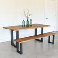 Industrial Live Edge Dining Table Featured with our &lt;a href=&quot;/products/reclaimed-wood-plank-bench-rectangle-legs&quot;&gt;Rectangle Steel Leg Bench&lt;/a&gt; in Reclaimed Oak / Clear &amp; Blackened Metal