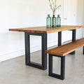 Industrial Live Edge Dining Table Featured with our &lt;a href=&quot;/products/reclaimed-wood-plank-bench-rectangle-legs&quot;&gt;Rectangle Steel Leg Bench&lt;/a&gt; in Reclaimed Oak / Clear &amp; Blackened Metal