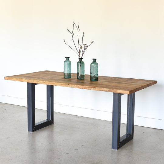 Industrial Live Edge Dining Table in Reclaimed Oak / Clear and Blackened Metal 'U-Shaped' Legs 