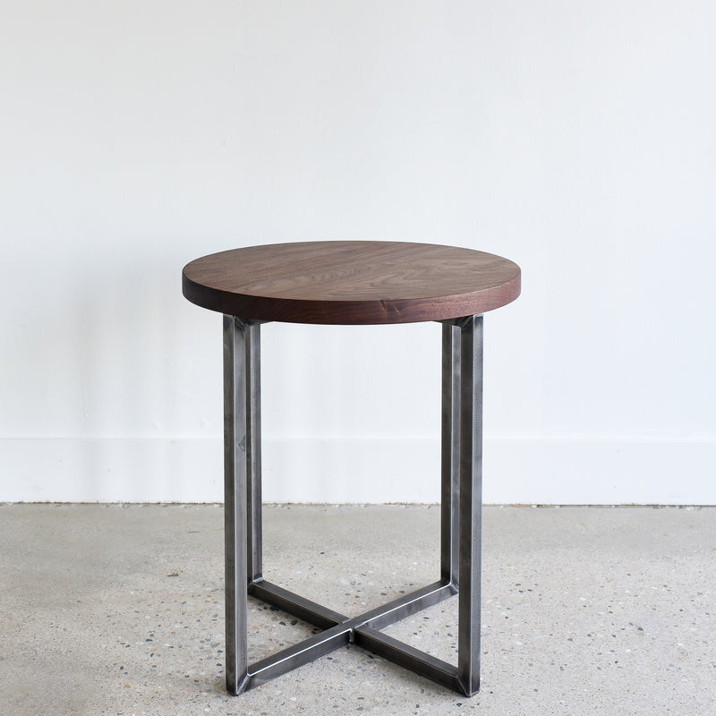 Round Walnut Accent Table / Steel Frame Pedestal – What WE Make