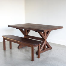 Trestle Dining Table Featured with our &lt;a href=&quot;/products/reclaimed-wood-seating-bench&quot;&gt;Farmhouse Wood Bench&lt;/a&gt; in Walnut / Clear