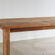 Farmhouse Extendable Dining Table Pictured In Reclaimed Oak Clear  - Post Leg Detail with leaf insert