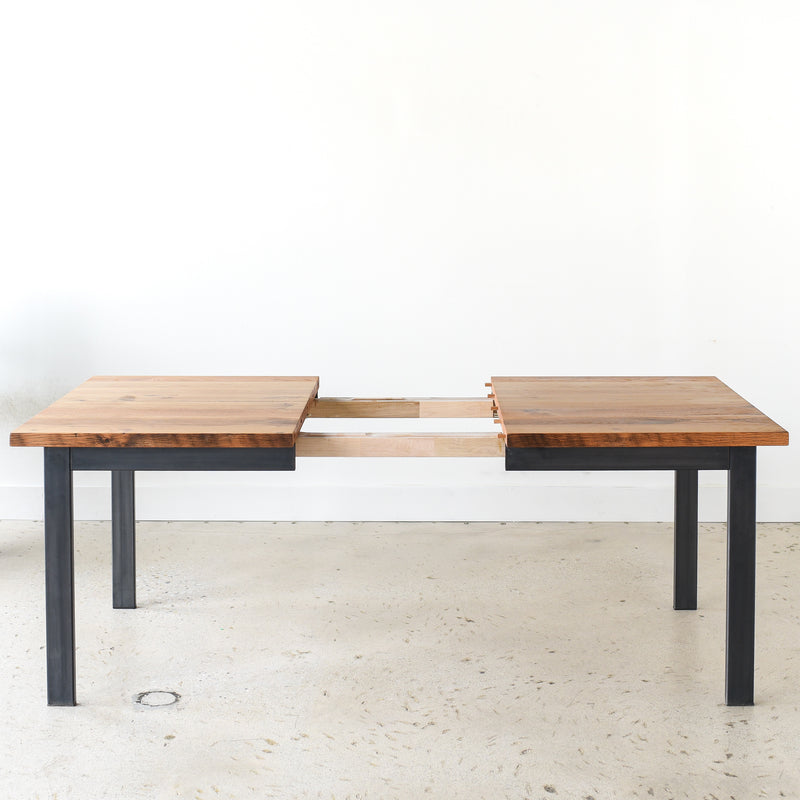 Industrial Plank Extendable Dining Table in Reclaimed Oak Clear &amp; Blackened Metal Base