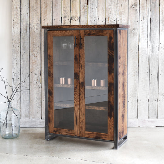 Wood & Glass Double Door Cabinet - Bar upgrade / Reclaimed Oak + Walnut Finish