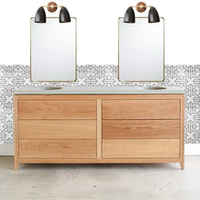 Mid Century Modern 6-Drawer Vanity / Double Sink in Solid White Oak / Clear - Featured with our &lt;a href=&quot;https://wwmake.com/products/concrete-vanity-top-double-oval-undermount-sink&quot;&gt; Concrete Vanity Top / Double Oval Undermount Sinks &lt;/a&gt; in Natural Gray