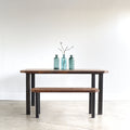 Clipped Corners Post Leg Dining Table featured with our &lt;a href=&quot;https://wwmake.com/products/modern-clipped-corner-bench-post-steel-legs&quot;&gt; Clipped Corner Bench&lt;/a&gt; in Reclaimed Oak / Walnut &amp; Blackened Metal Legs