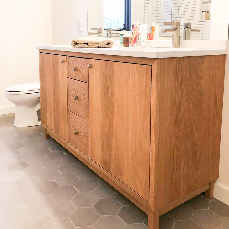 60&quot; Modern Wood Vanity / Double Sink in Reclaimed Oak / Clear Featured with our &lt;a href=https://wwmake.com/products/concrete-vanity-top-double-rectangle-undermount-sinks&gt; Concrete Vanity Top / Double Rectangle Undermount Sinks &lt;/a&gt; in White - Customer Photo