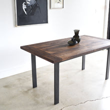 Steel Frame Extendable Dining Table - Leaf Removed. Pictured in Reclaimed Oak / Walnut &amp; Blackened Metal Legs