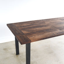 Steel Frame Extendable Dining Table - Reclaimed Oak / Walnut and Blackened Metal Base - Tabletop close-up with leaf included 