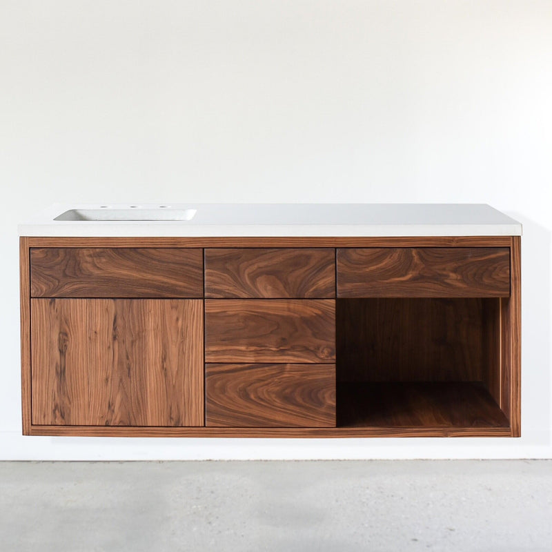 60&quot; Floating Wood Vanity / Offset Single Sink in Walnut / Clear