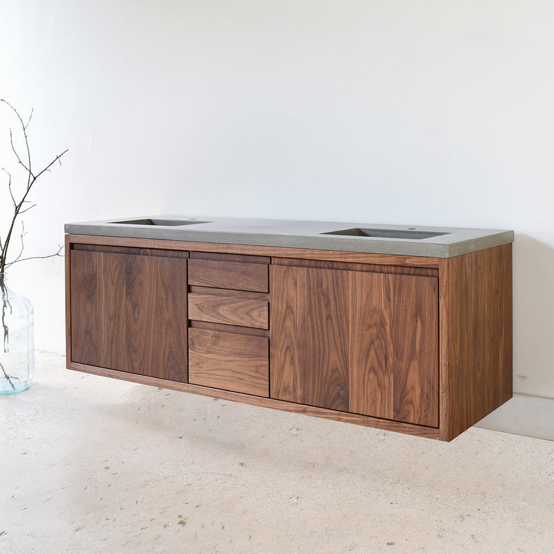 60&quot; Modern Floating Wood Vanity / &lt;a href=&quot;https://wwmake.com/products/concrete-vanity-top-double-rectangle-undermount-sinks&quot;&gt; Double Sink in Walnut / Clear. Double Sink Concrete Vanity Top &lt;/a&gt; with rectangle sinks sold separately.