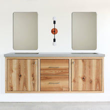 60&quot; Floating Wood Vanity / Double Sink in Ash / Clear and featured with our &lt;a href=&quot;https://wwmake.com/products/concrete-vanity-top-double-rectangle-undermount-sinks&quot;&gt; Concrete Vanity Top / Double Rectangle Undermount Sinks &lt;/a&gt; in Natural Gray