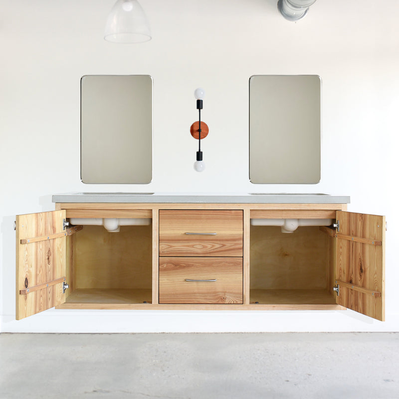 60&quot; Floating Wood Vanity / Double Sink - Open Door Detail - Featured with our &lt;a href=&quot;https://wwmake.com/products/concrete-vanity-top-double-rectangle-undermount-sinks&quot;&gt; Concrete Vanity Top / Double Rectangle Undermount Sinks &lt;/a&gt; in Natural Gray, Pictured in Ash / Clear 