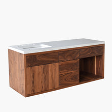 60&quot; Floating Wood Vanity / Offset Single Sink in Walnut / Clear - Featured with our &lt;a href=&quot;https://wwmake.com/products/concrete-floating-vanity-top-rectangle-sink&quot;&gt; Concrete Floating Vanity Top / Rectangle Undermount Sink &lt;/a&gt; in White