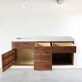 60&quot; Floating Wood Vanity / Offset Single Sink in Walnut / Clear - Open Door and Drawers Details