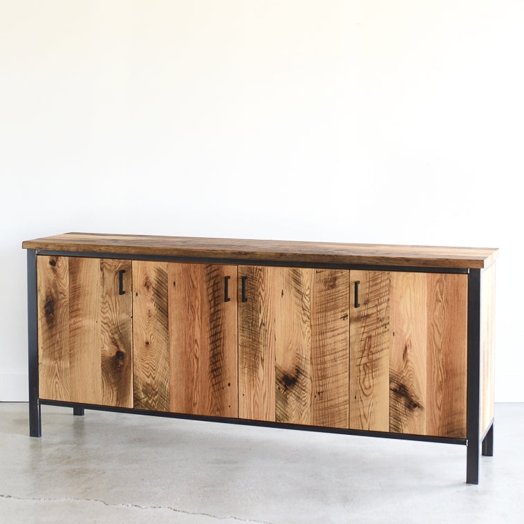 Modern Wood Storage Cabinet / 4-Door - Reclaimed Oak / Textured finish & Blackened Metal