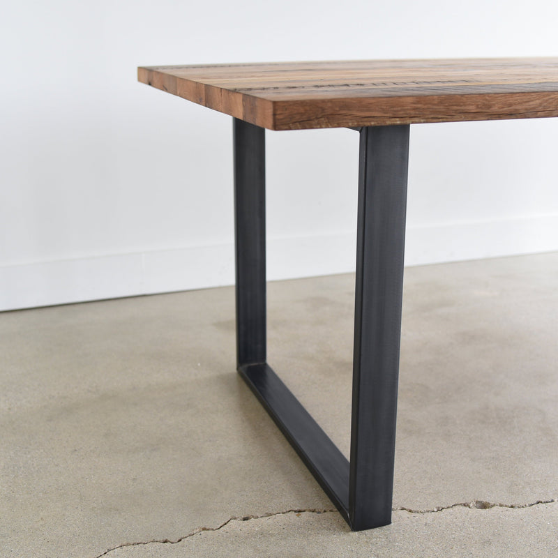 Industrial Modern Dining Table - U-Shaped Legs, Reclaimed Oak / Clear &amp; Blackened Metal Legs 