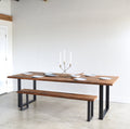 Industrial Modern Dining Table in Reclaimed Oak/ Textured with Blackened Metal U-shaped Legs. Featured with our &lt;a href=&quot;https://wwmake.com/products/industrial-modern-reclaimed-wood-bench-u-shaped-metal-legs-anhr7&quot;&gt; Industrial Modern Bench &lt;/a&gt;  