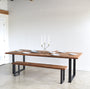 Industrial Modern Dining Table in Reclaimed Oak/ Clear with Blackened Metal U-shaped Legs. Featured with our &lt;a href=&quot;https://wwmake.com/products/industrial-modern-reclaimed-wood-bench-u-shaped-metal-legs-anhr7&quot;&gt; Industrial Modern Bench &lt;/a&gt;  