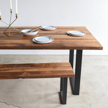 Industrial Modern Dining Table in Reclaimed Oak/ Clear with Blackened Metal U-shaped Legs. Featured with our &lt;a href=&quot;https://wwmake.com/products/industrial-modern-reclaimed-wood-bench-u-shaped-metal-legs-anhr7&quot;&gt; Industrial Modern Bench &lt;/a&gt; 