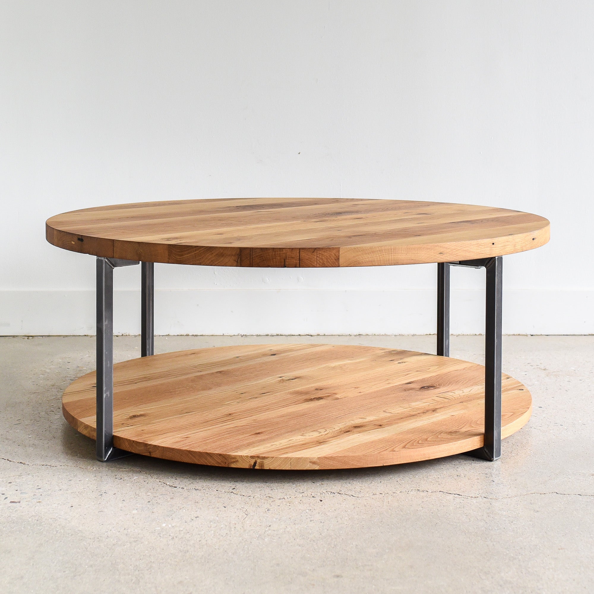 Shelf Table Rounded Modern Round Wood Coffee Table with Lower Shelf – What WE Make