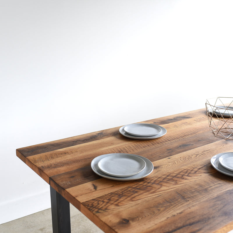 Post Leg Dining Table - Tabletop Close-up, Pictured in Reclaimed Oak / Textured Finish &amp; Blackened Metal Legs 