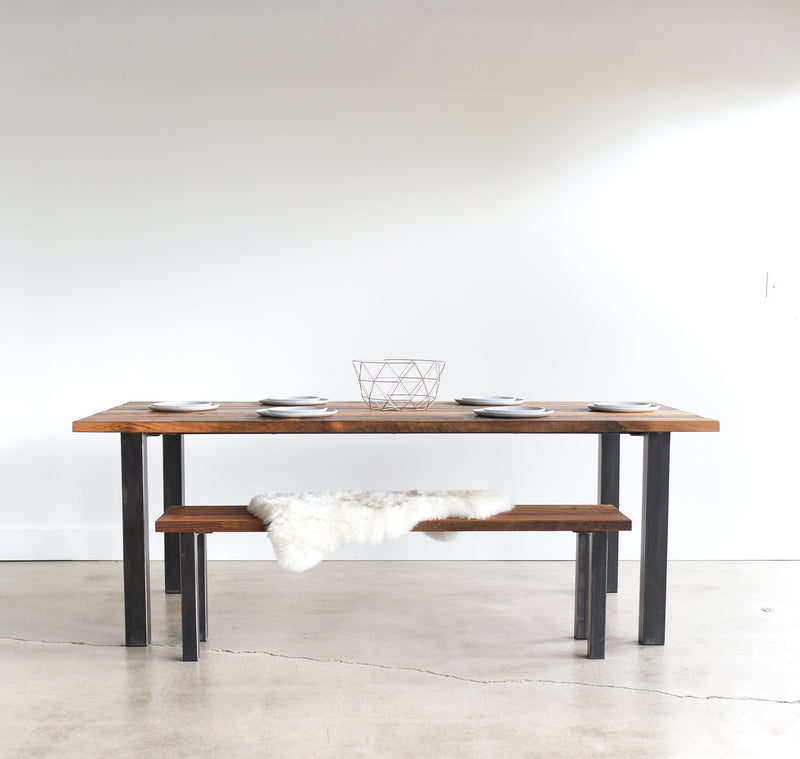 Post Leg Dining Table paired with our Industrial Post Leg Bench in Reclaimed Oak / Textured &amp; Blackened Metal Legs